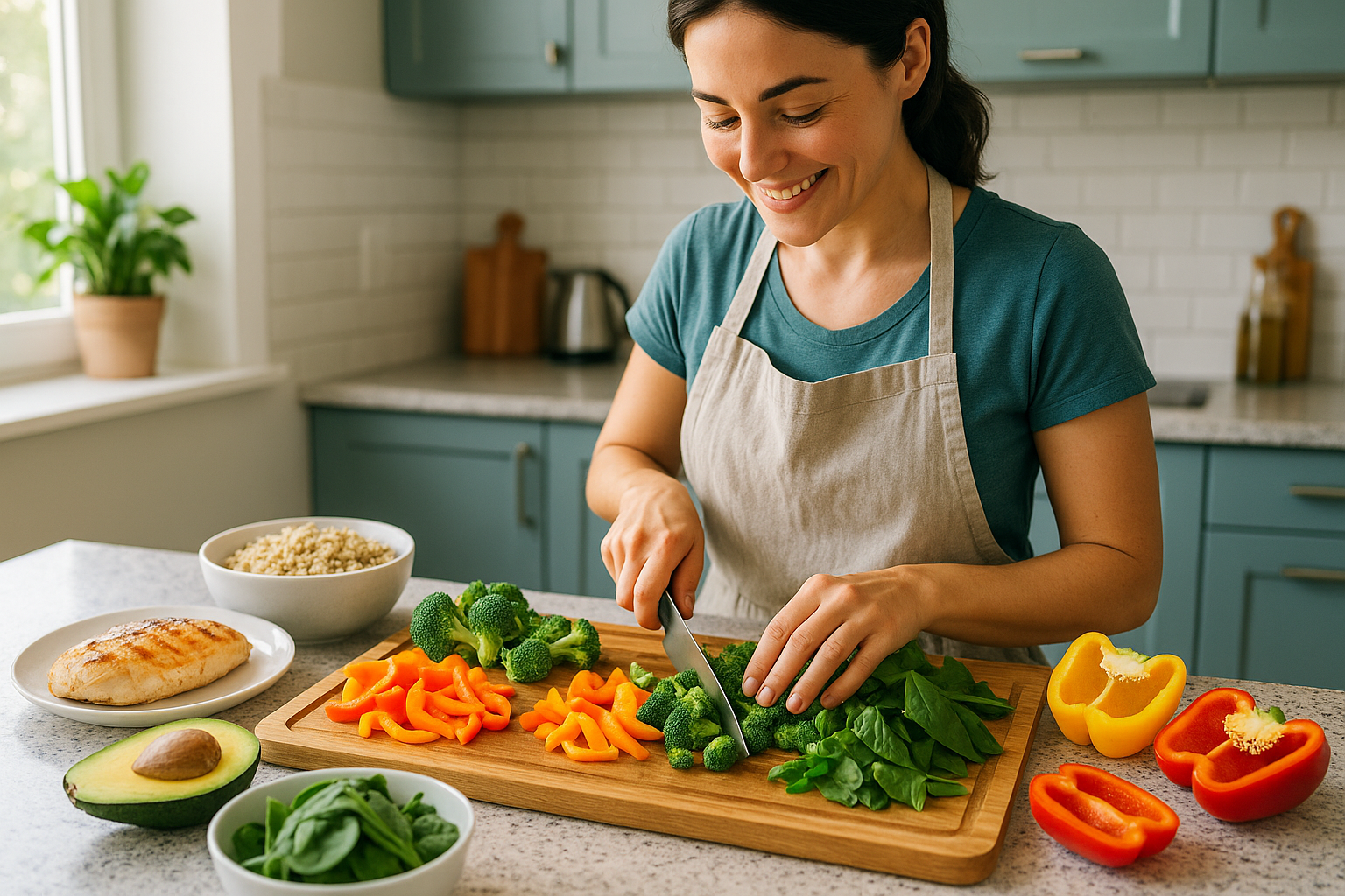 do a photo were it presents a person eating or cooking something healthy for the macros